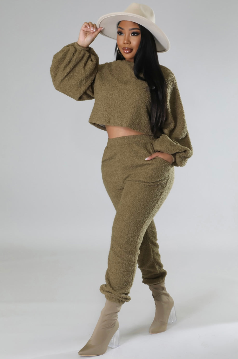 Girl Power Olive Puffed Sleeves Jogger